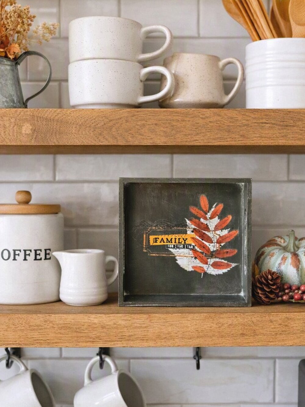 Rustic Fall Tray: Hand-Painted Leaf Accent, 'Family' Decor (6x6")